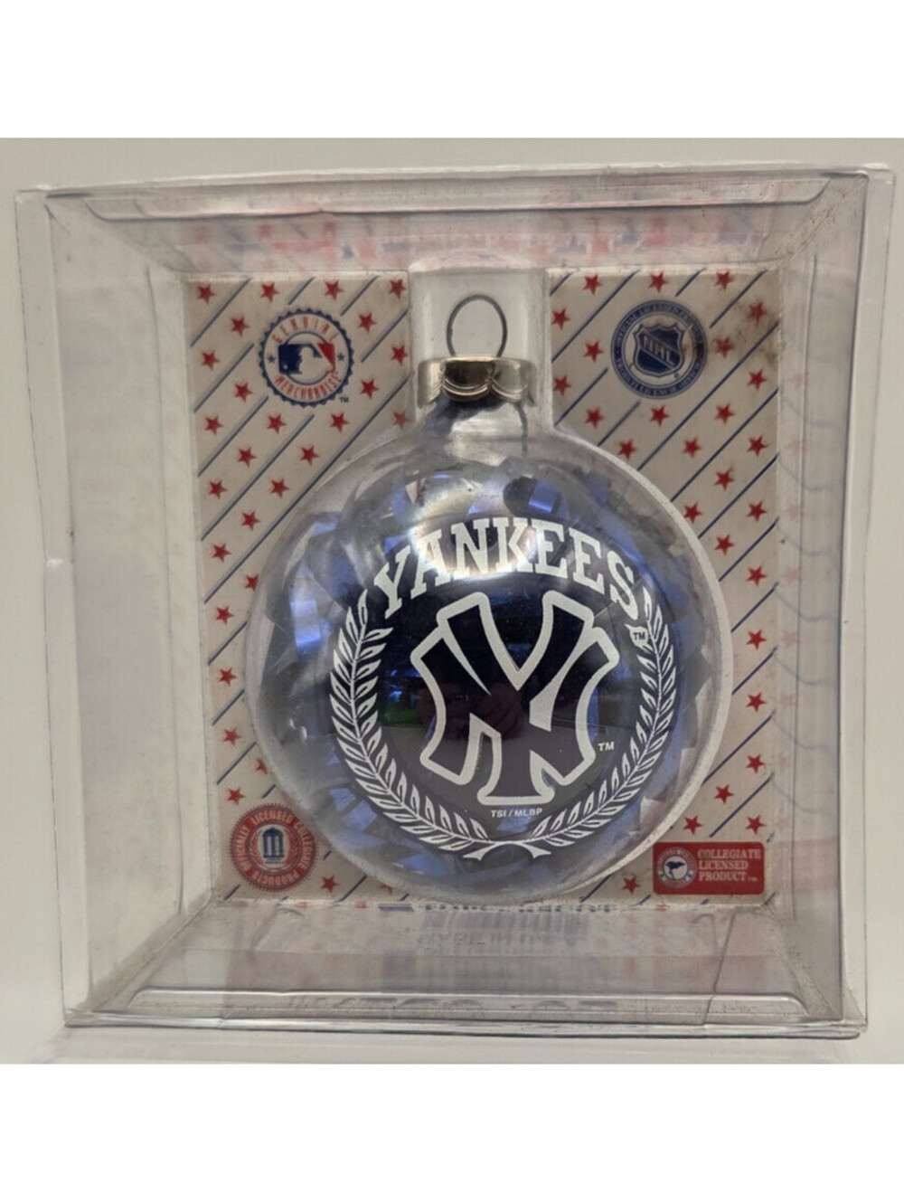 Vintage New York Yankees Topperscot Glass Tinsel Christmas Ornament NIP